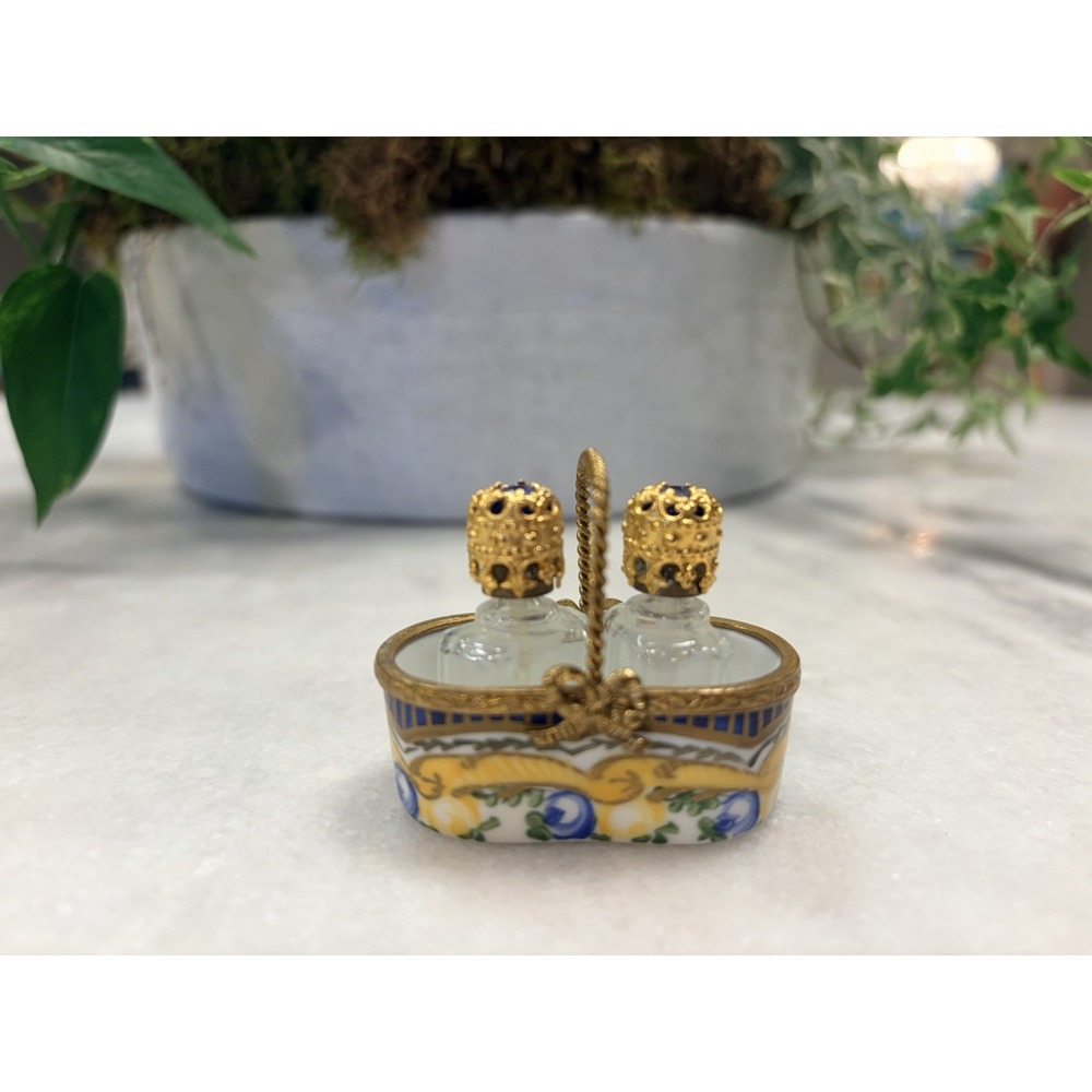 Limoges France Peint Main Blue Roses Box Basket TwoPerfume Bottles Gold Bow